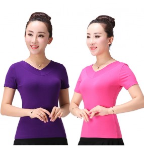 Latin Ballroom Dance Tops for women red black blue purple hot pink waltz tango square salsa rumba practice dance short sleeves shirts blouses for female